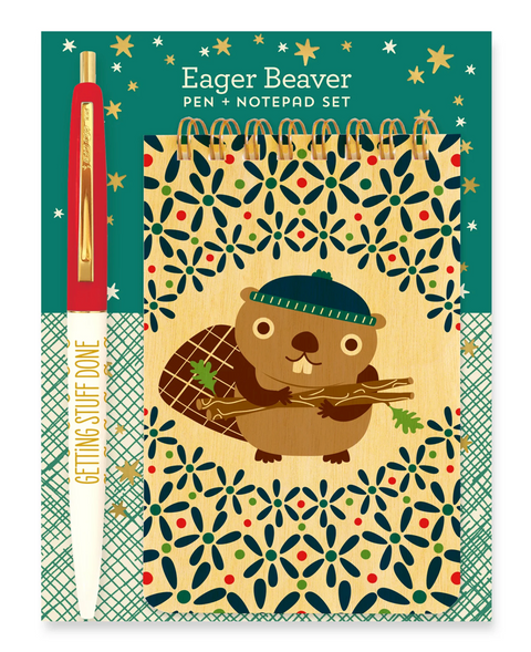 Eager Beaver  Wood Mini Notepad + Pen Gift Set