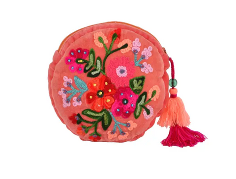 Beaded Floral Pouch Coral